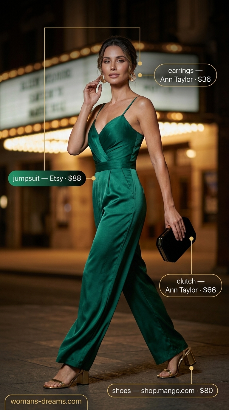 Emerald green metallic jumpsuit for sophisticated sparkle concert outfits for women summer 2026.