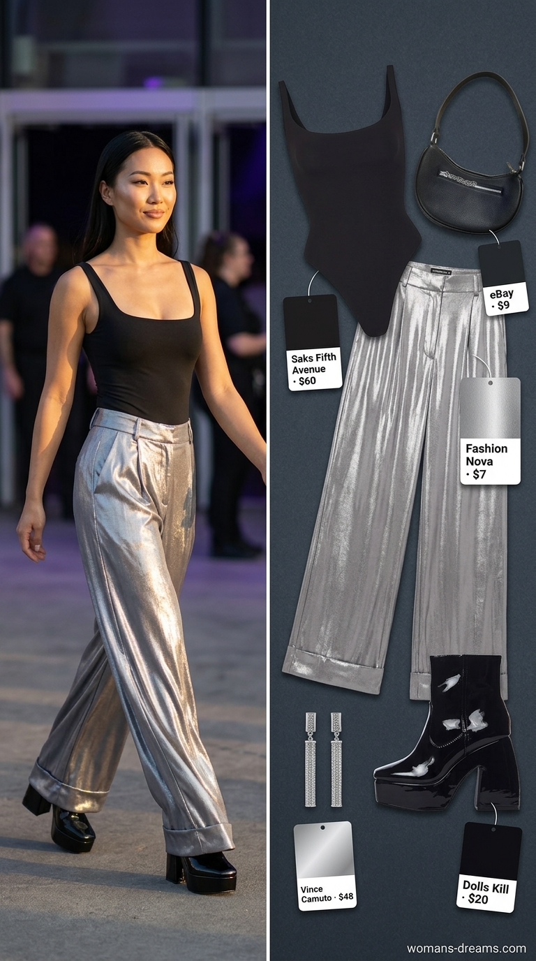 Silver metallic wide-leg pants with a black bodysuit for sparkle concert outfits for women summer 2026.