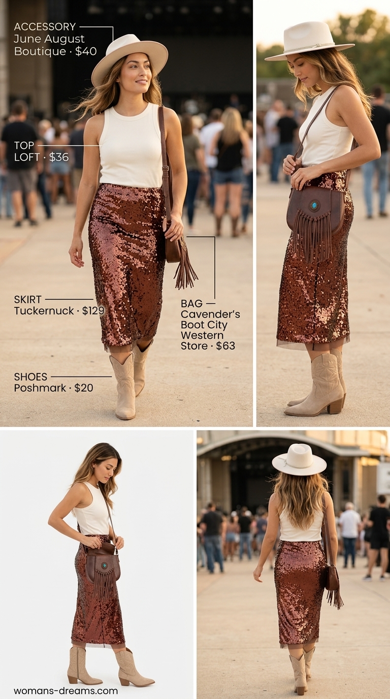 Sparkle concert outfits for women summer 2026: Bronze sequin midi skirt, cream tank, cowboy boots, and felt hat for a boho chic look.