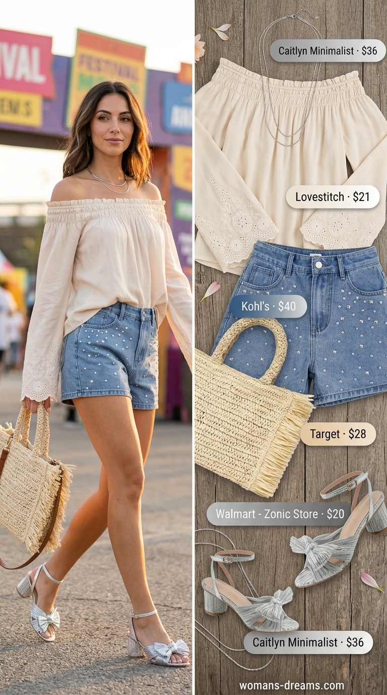 Sparkle concert outfits for women summer 2026: Denim shorts with rhinestones, off-the-shoulder blouse, and gladiator sandals for a boho festival.