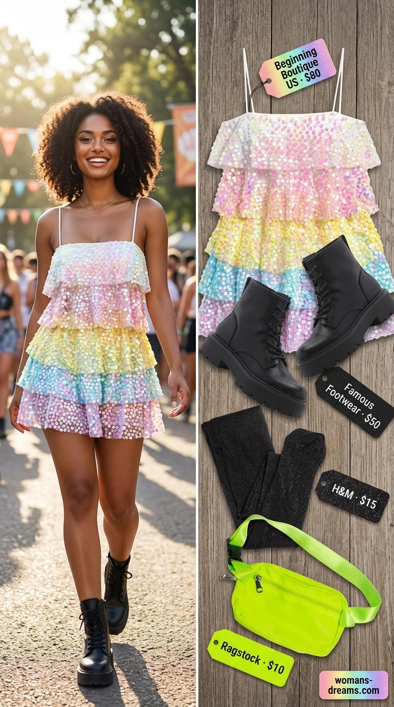 Iridescent sequin mini dress with combat boots for sparkle concert outfits for women summer 2026.