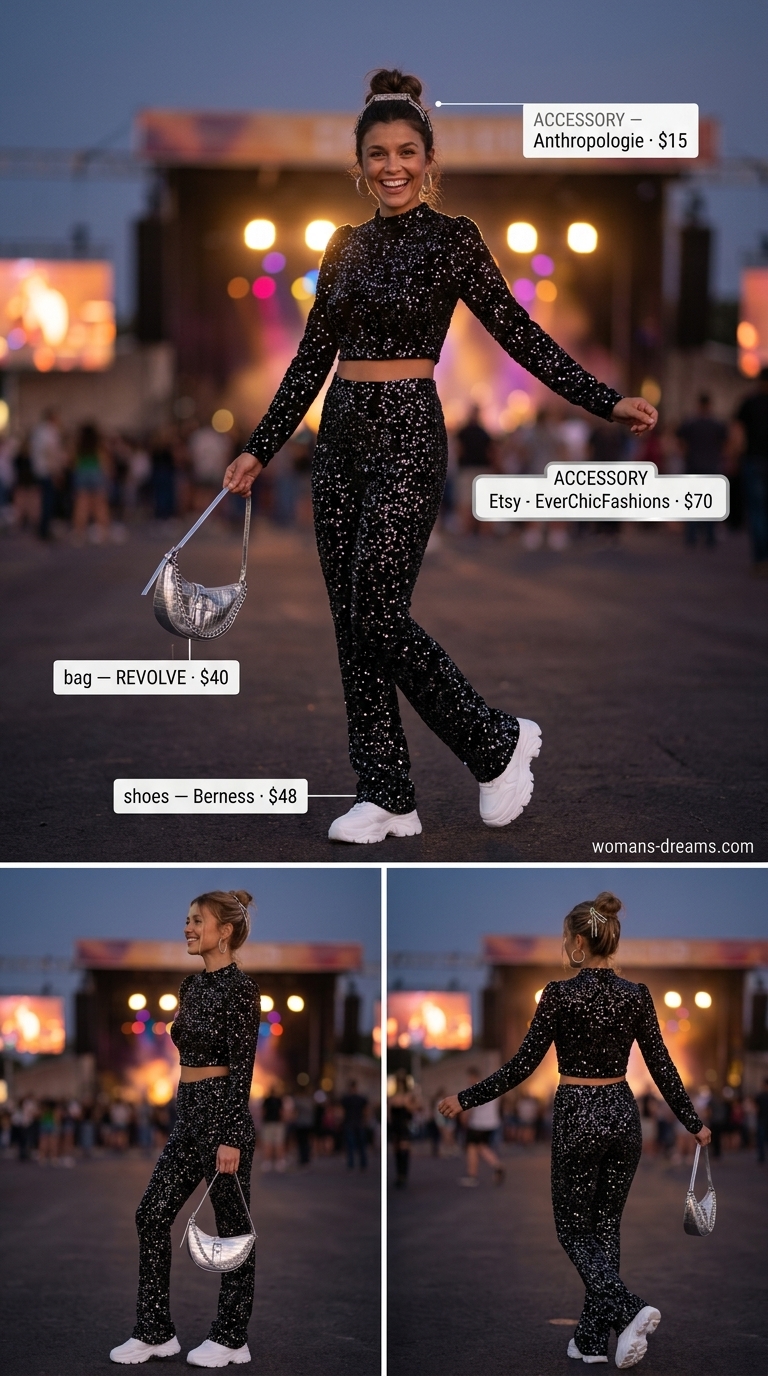 Lavender glitter knit set for effortless sparkle concert outfits for women summer 2026.