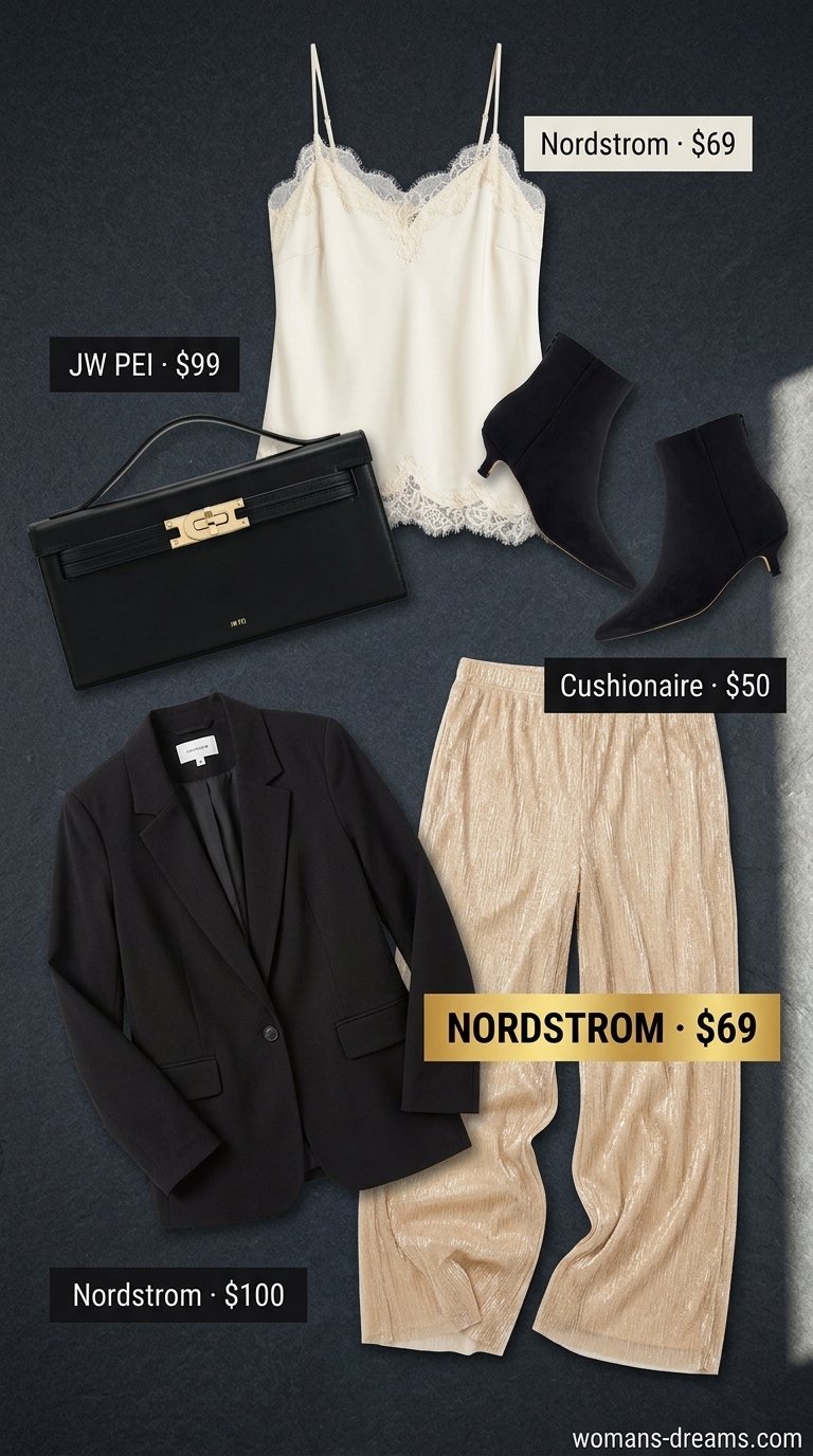 Gold glitter mesh trousers with an oversized blazer for upscale sparkle concert outfits for women summer 2026.