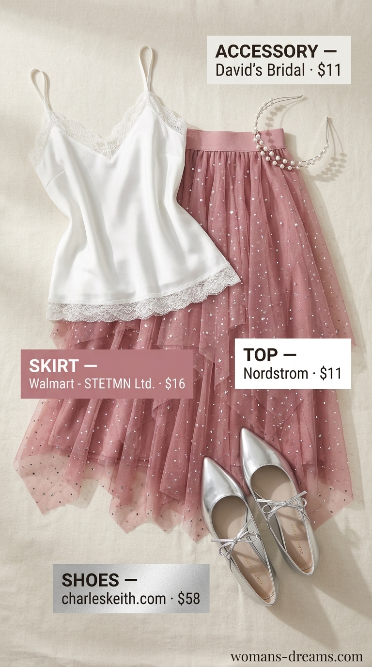 Blush pink glitter tulle skirt with lace camisole for romantic sparkle concert outfits for women summer 2026.