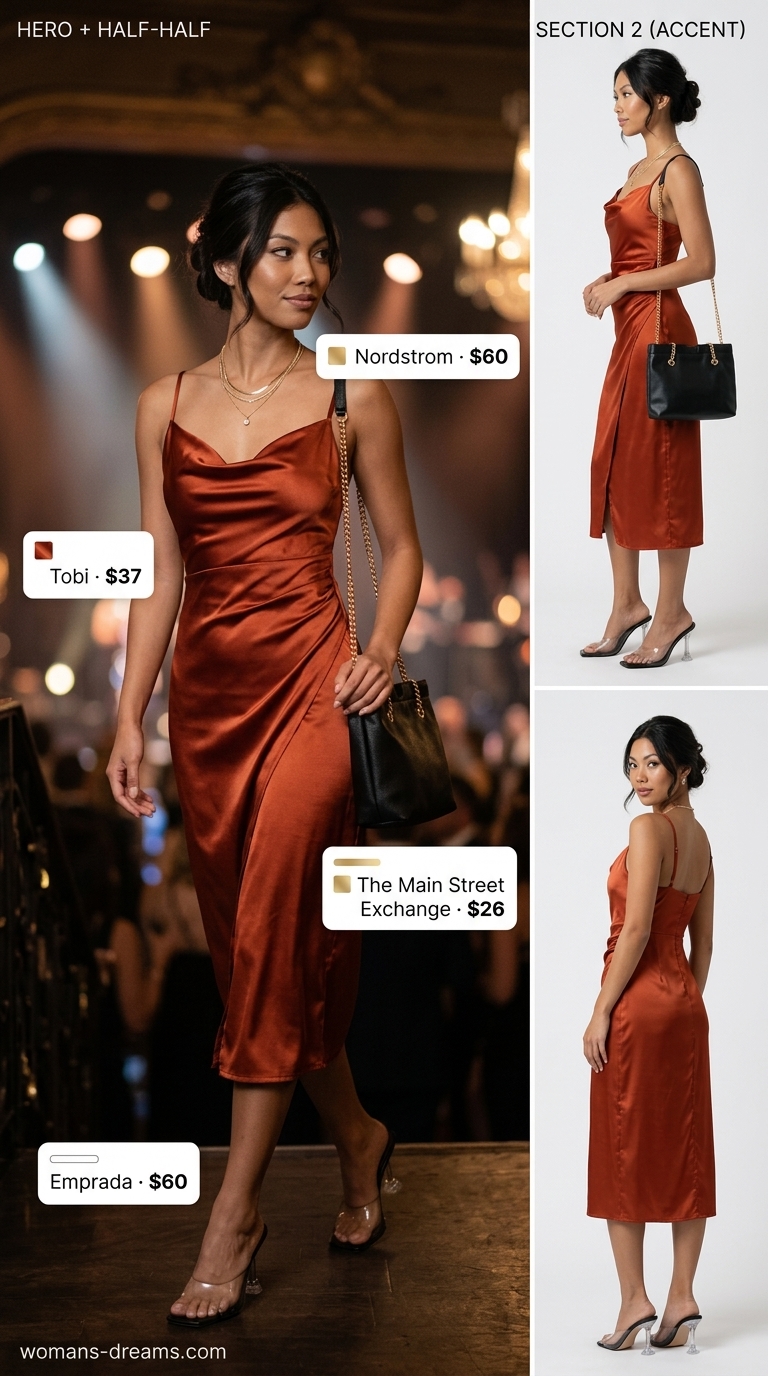 Copper satin midi dress with gold jewelry for sparkle concert outfits for women summer 2026.