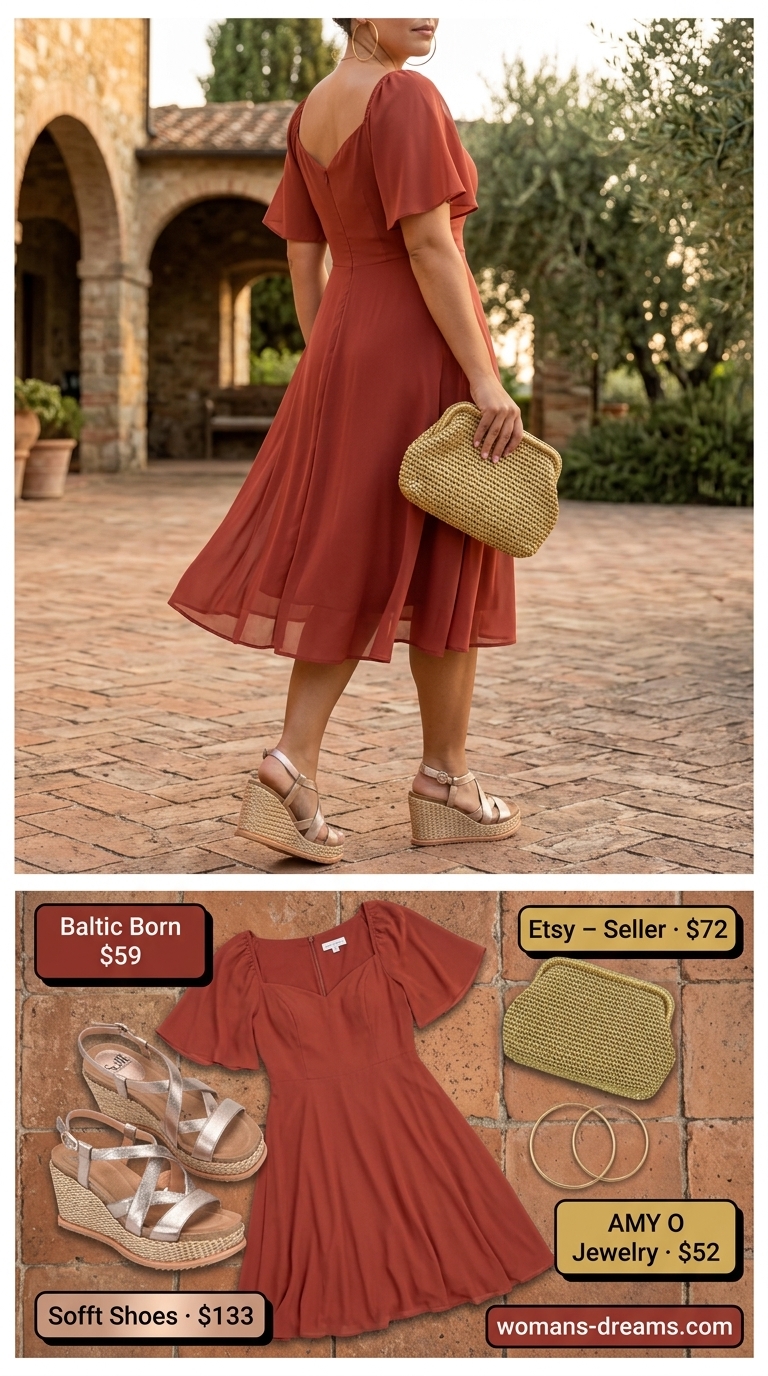 Romantic European summer outfit 2026: Rust linen midi dress, wedge espadrilles for a Tuscan sunset dinner.