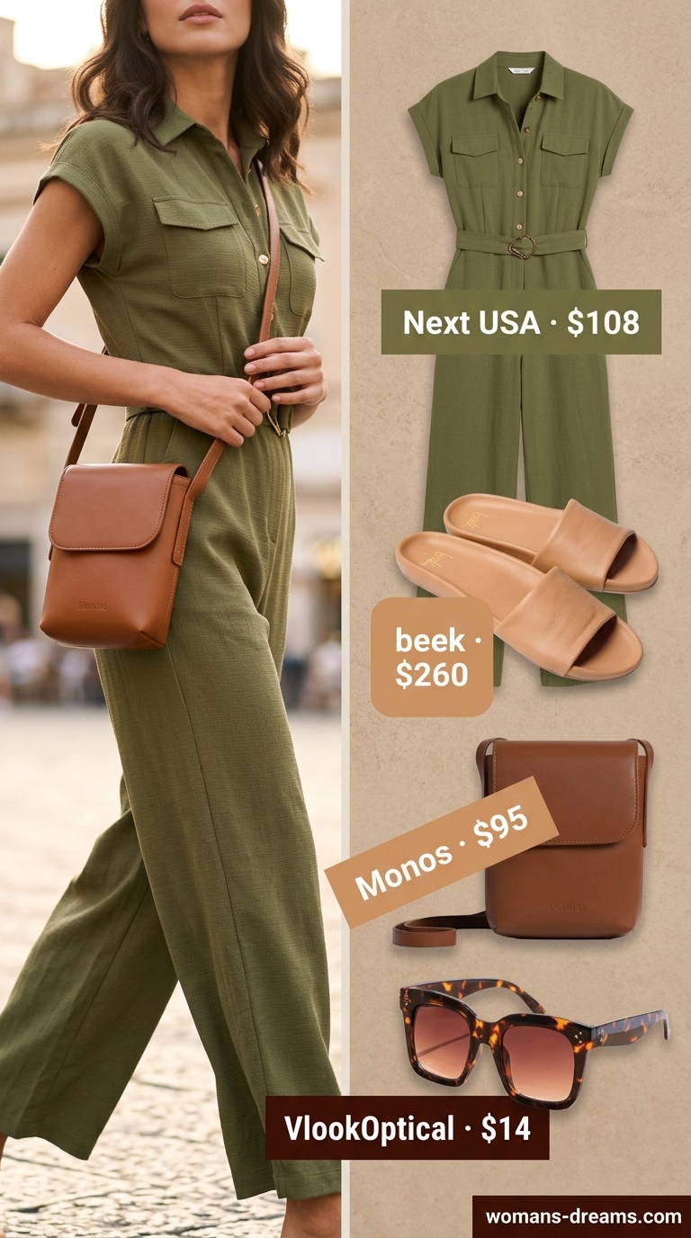 Elegant European summer outfits for women 2026: Khaki utility jumpsuit, tan sandals & crossbody for Amalfi Coast adventure.
