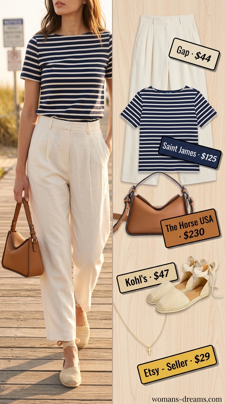 Elegant European summer outfits for women 2026: White linen trousers, navy knit top, espadrilles & tan bag for Riviera brunch.