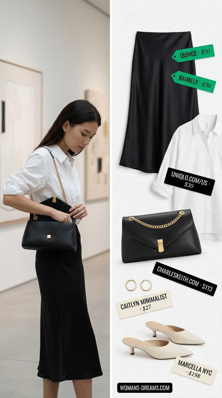 Elegant European summer outfit: Black satin midi skirt, crisp white shirt, and cream mules for a chic Parisian gallery opening.
