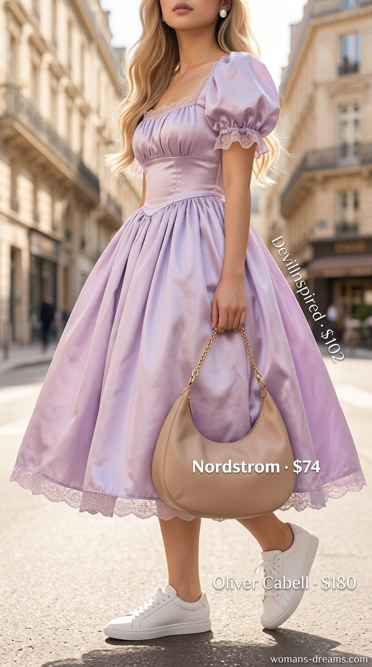 Elegant European summer outfits for women 2026: Lavender mini dress, white sneakers & nude bag for St Tropez chic day out.