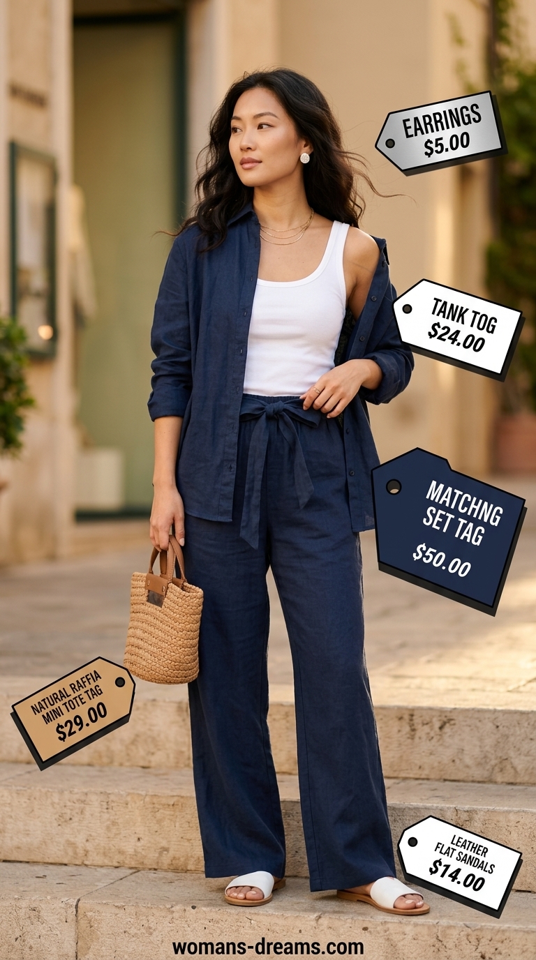 Elegant European summer outfit: Navy blue linen set, white tank, white slides, and raffia tote for Capri island retreat.