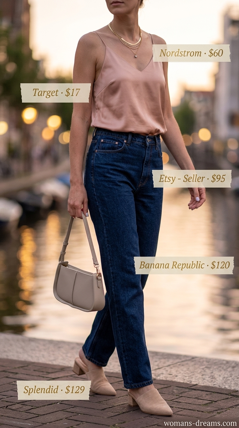 Elegant European summer outfits for women 2026: Dark denim jeans, peach silk cami, suede mules & gold necklaces for date night.
