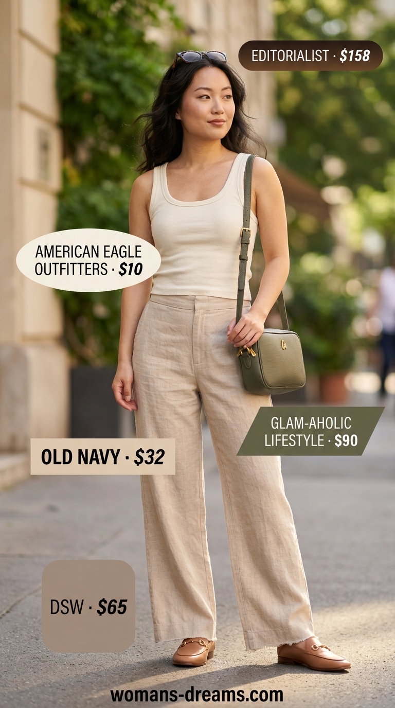 Elegant European summer outfits for women 2026: Beige linen trousers, cream tank, olive crossbody & loafers for city sightseeing.