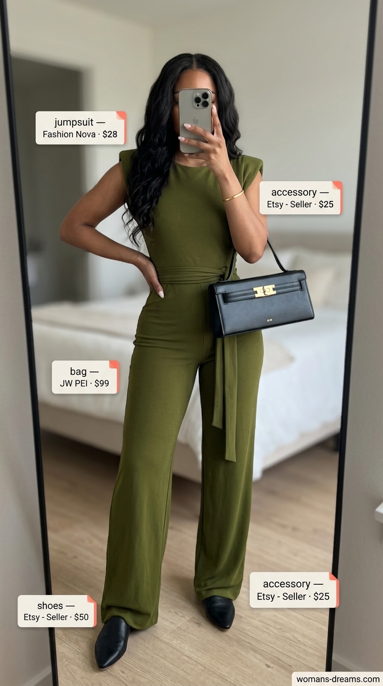 Elegant European summer outfit: Olive green wide-leg jumpsuit, black mules, and gold bangle for city exploration.