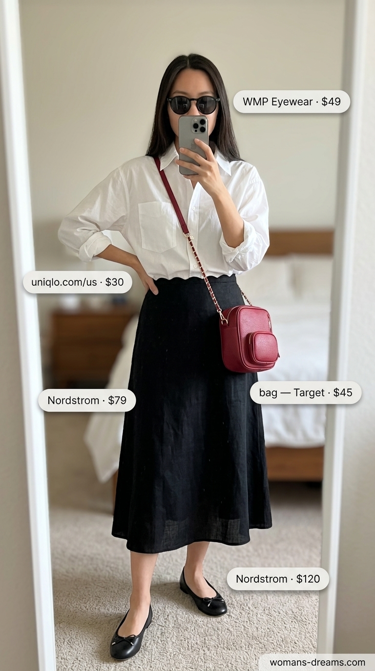Elegant European summer outfits for women 2026: Black midi skirt, white shirt, ballet flats & red crossbody for Parisian cafe.