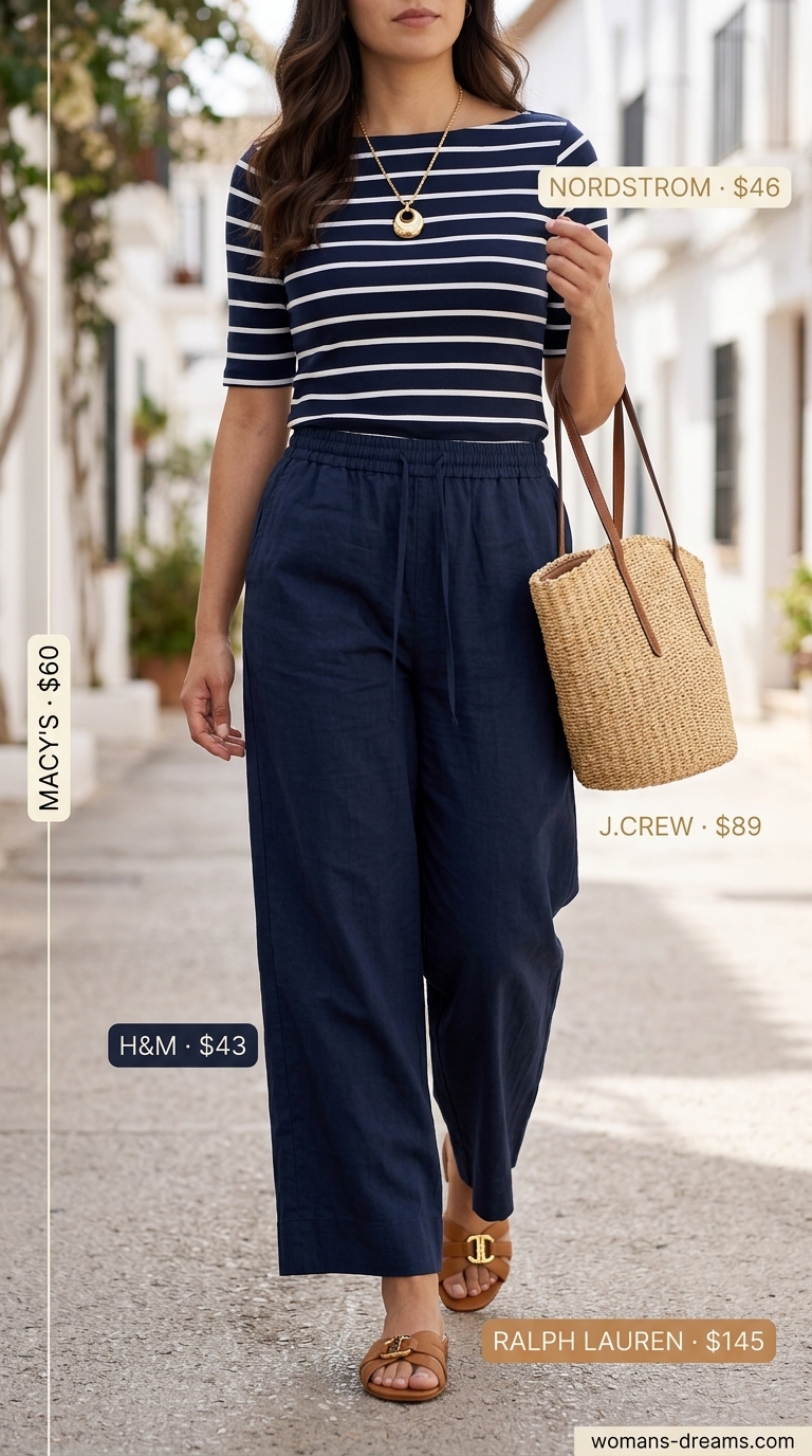 Chic European summer outfit 2026: Navy linen trousers, striped top for coastal exploring or yacht club lunch.