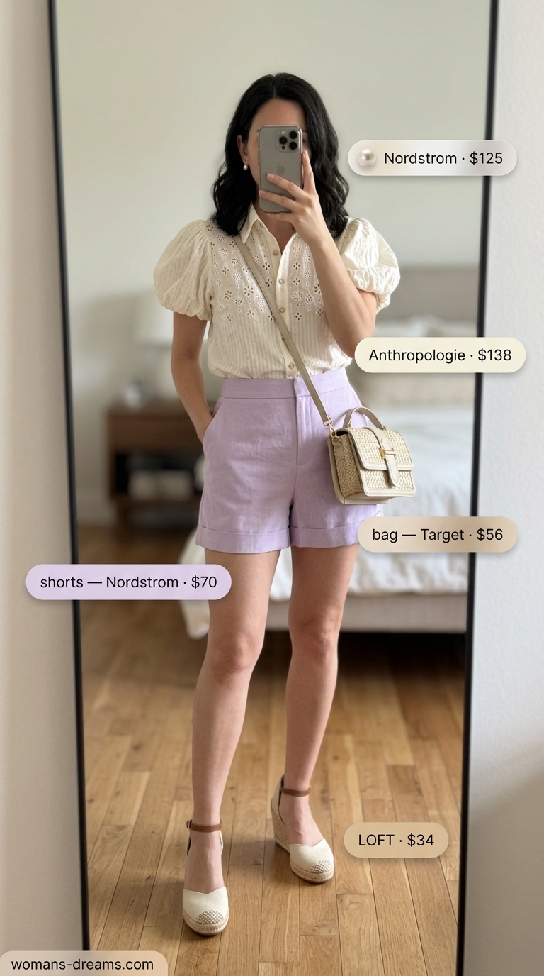Elegant European summer outfit: Soft lavender linen shorts, eyelet blouse, espadrilles, and straw bag for vineyard lunch.