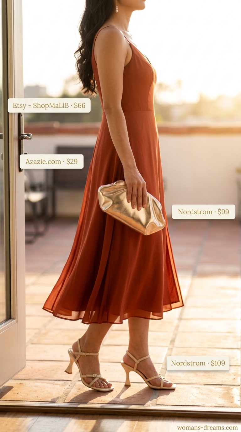 Elegant European summer outfits for women 2026: Terracotta midi dress, cream heels & gold clutch for Amalfi sunset soiree.