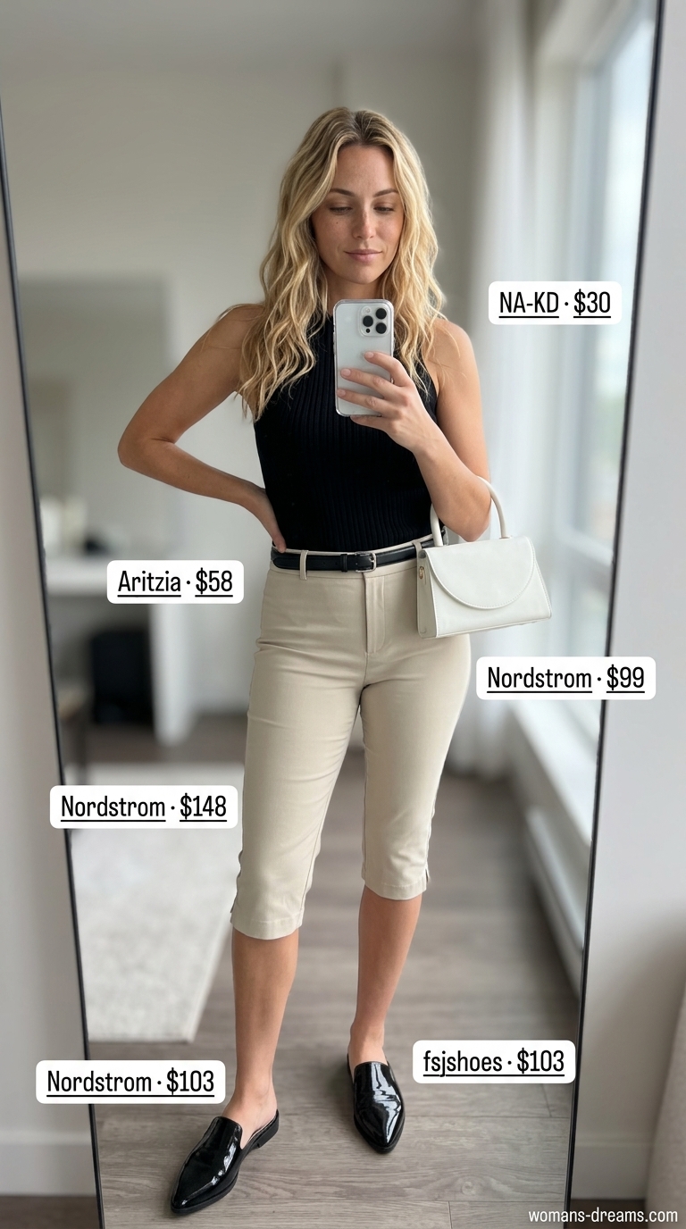 Polished European summer outfit 2026: Beige capri pants, black knit top for gallery hopping or lunch.