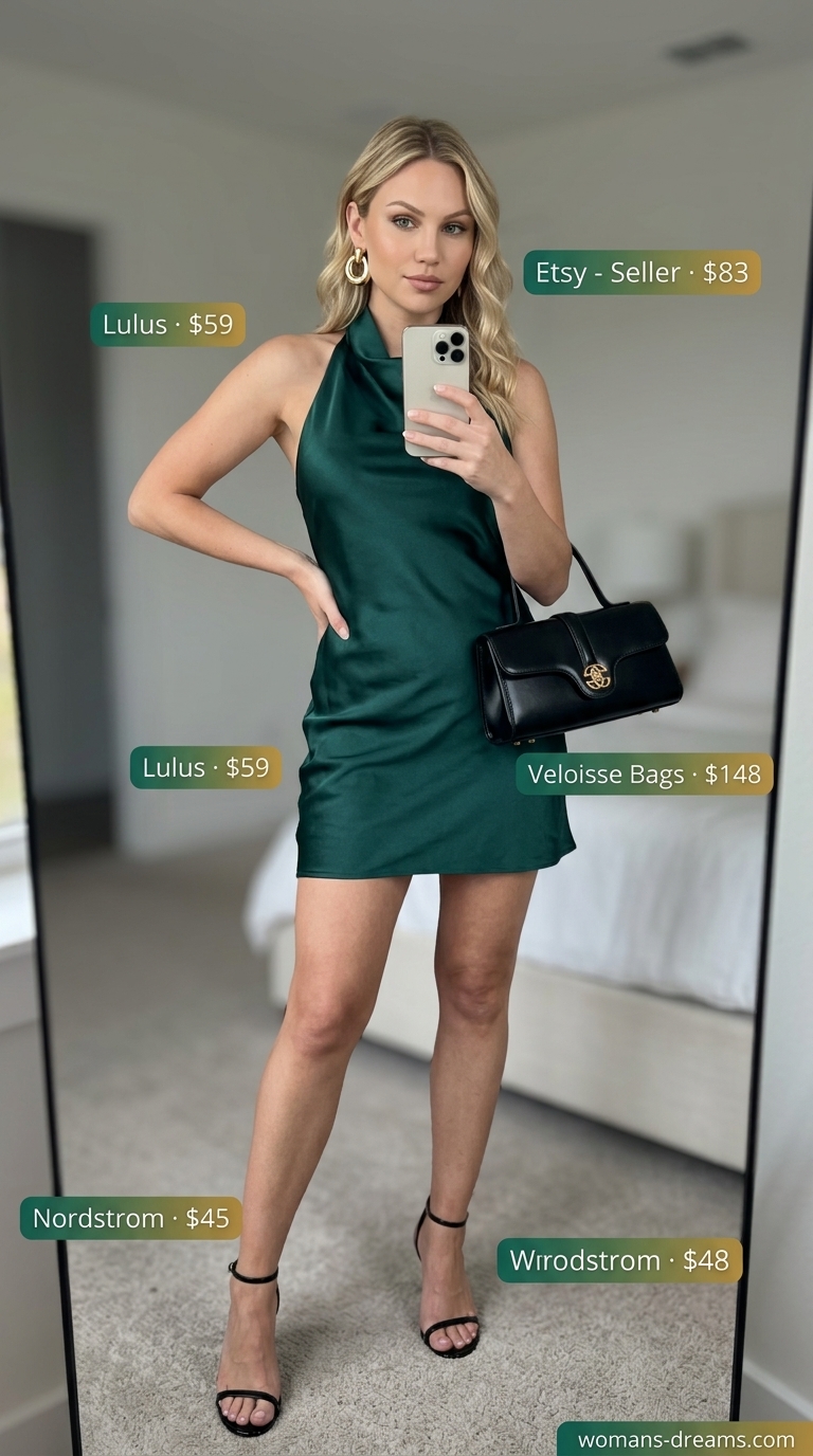 Glamorous European summer outfit 2026: Emerald green mini dress, strappy heels for a rooftop aperitivo or date night.