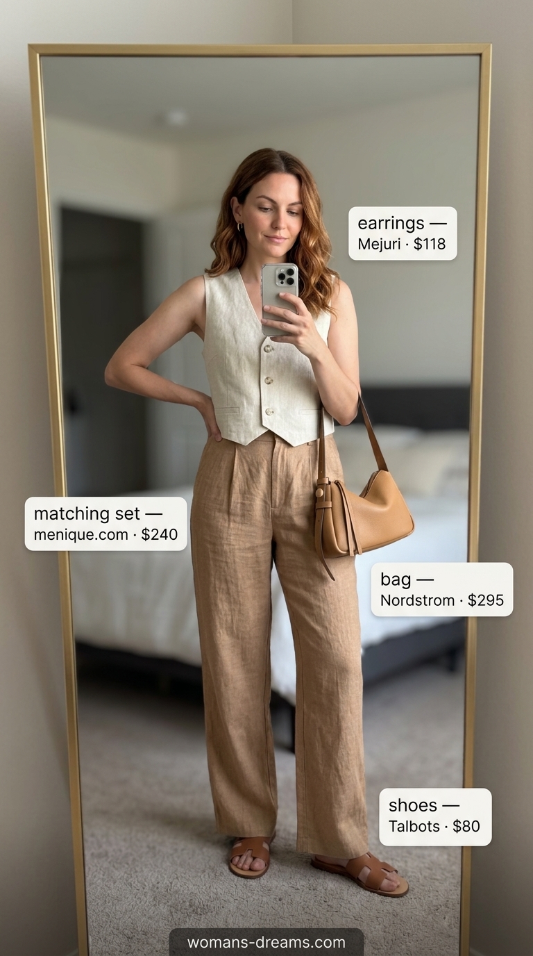 Serene European summer outfit 2026: Cream linen matching set for a lakeside retreat or resort lunch.