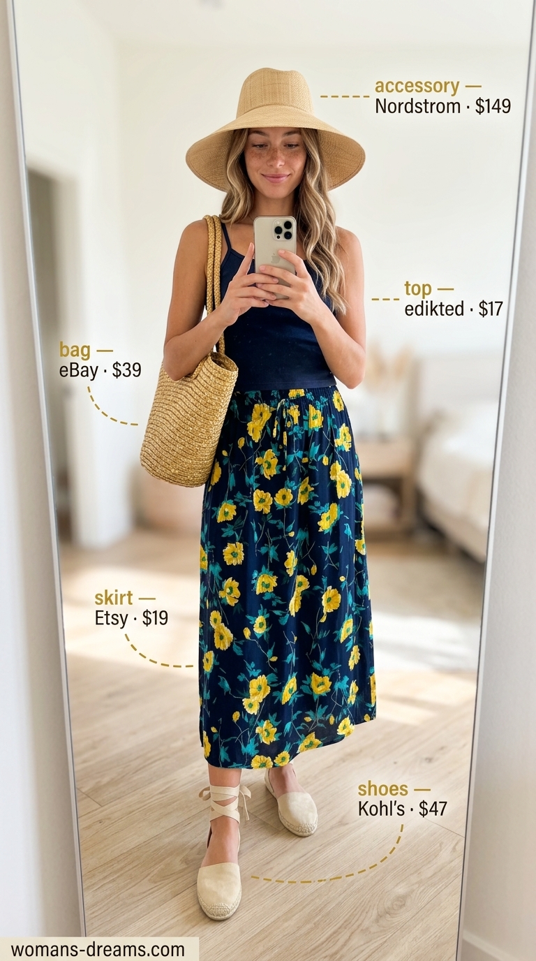 Chic European summer outfit 2026: Mustard floral skirt, navy tank, espadrilles for market day or art fairs.
