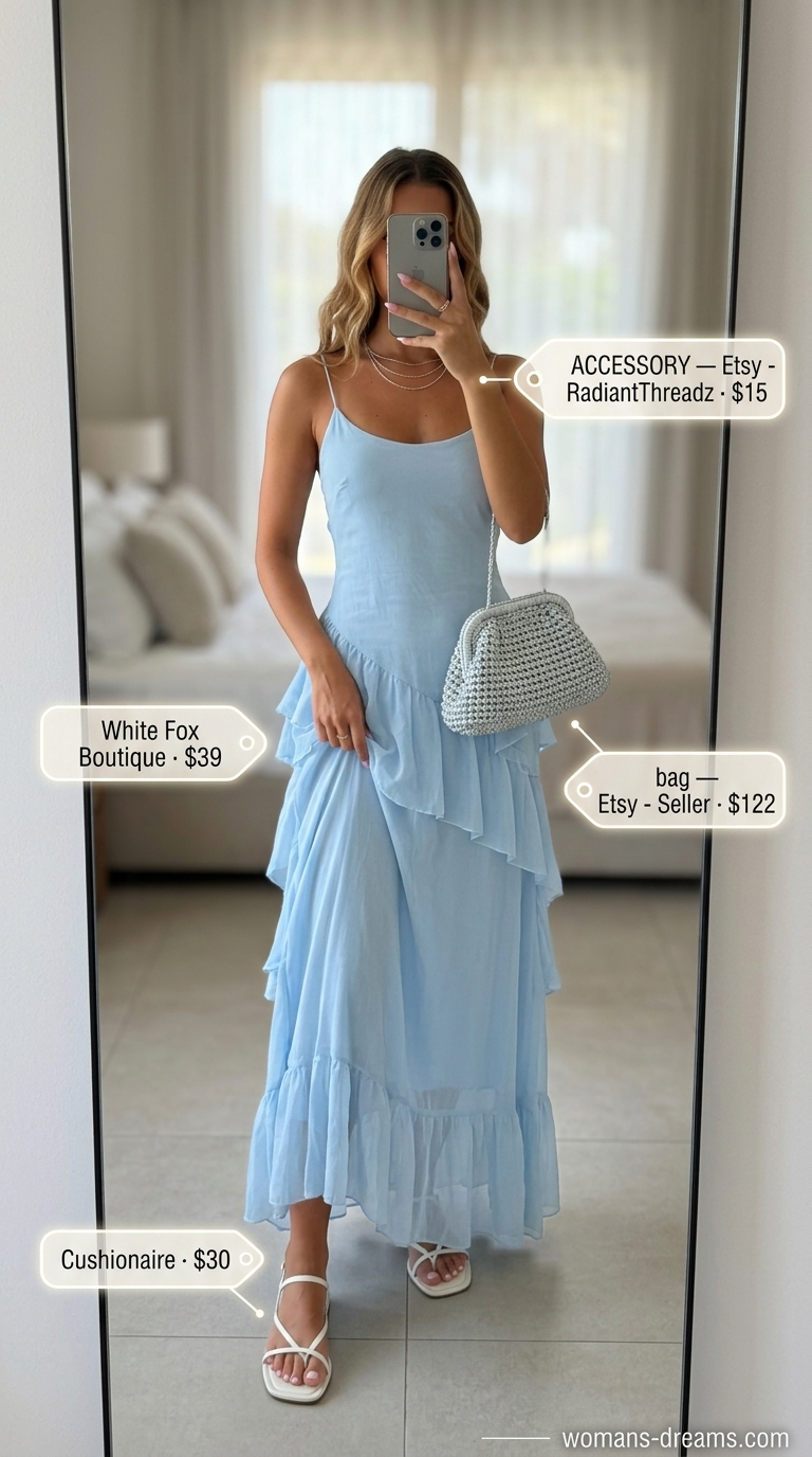 Elegant European summer outfits for women 2026: Sky blue maxi dress, silver clutch & delicate necklaces for evening resort wear.