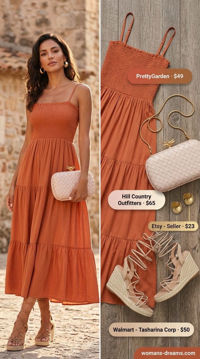 Sophisticated European summer outfit 2026: Terracotta maxi dress, espadrilles for a Santorini sunset dinner.