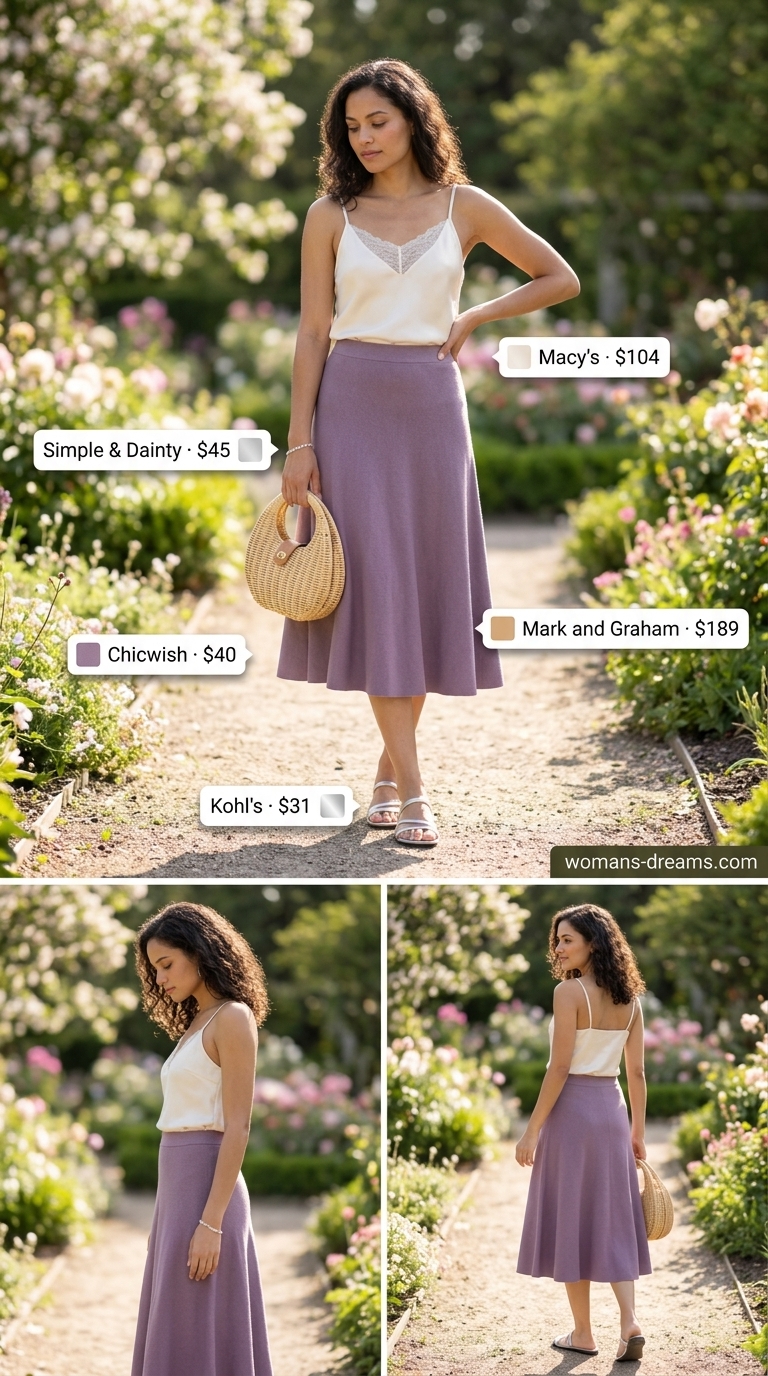 Elegant European summer outfit: Lavender skirt, ivory cami, silver sandals for a romantic picnic or garden party 2026.