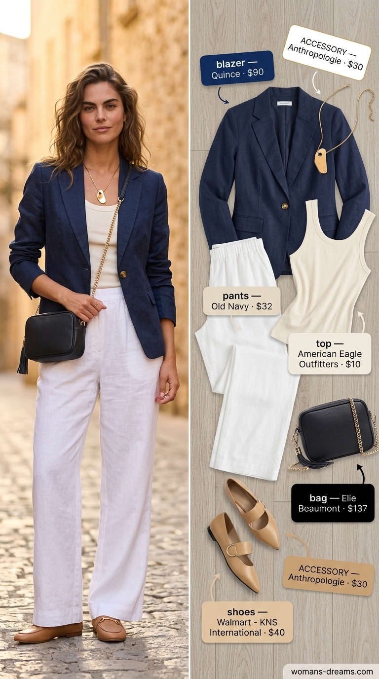 Effortless European summer outfit 2026: Cream linen pants, navy blazer for Riviera chic afternoon.