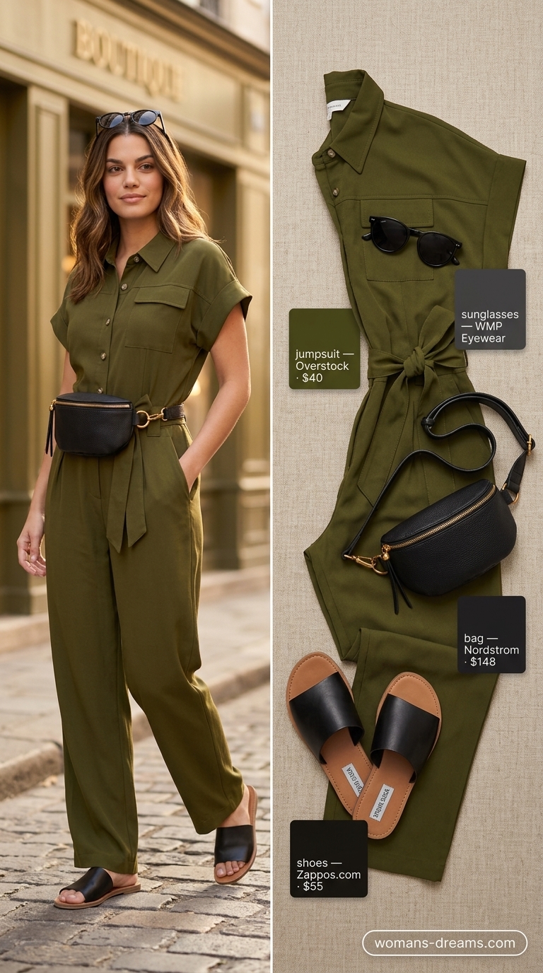 Adventurous European summer outfit 2026: Olive green utility jumpsuit for city break sightseeing.