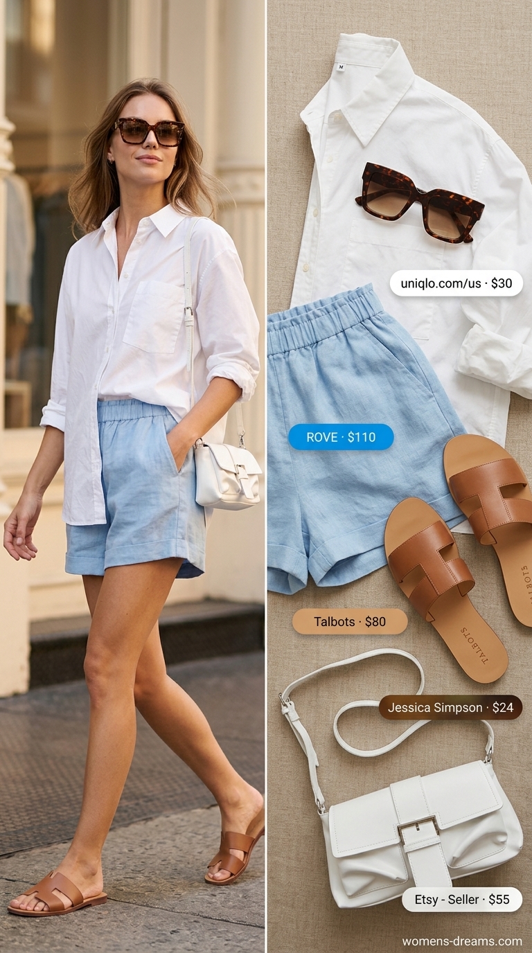 Elegant European summer outfit: Sky blue linen shorts, white shirt, tan slides, and crossbody bag for Positano stroll.