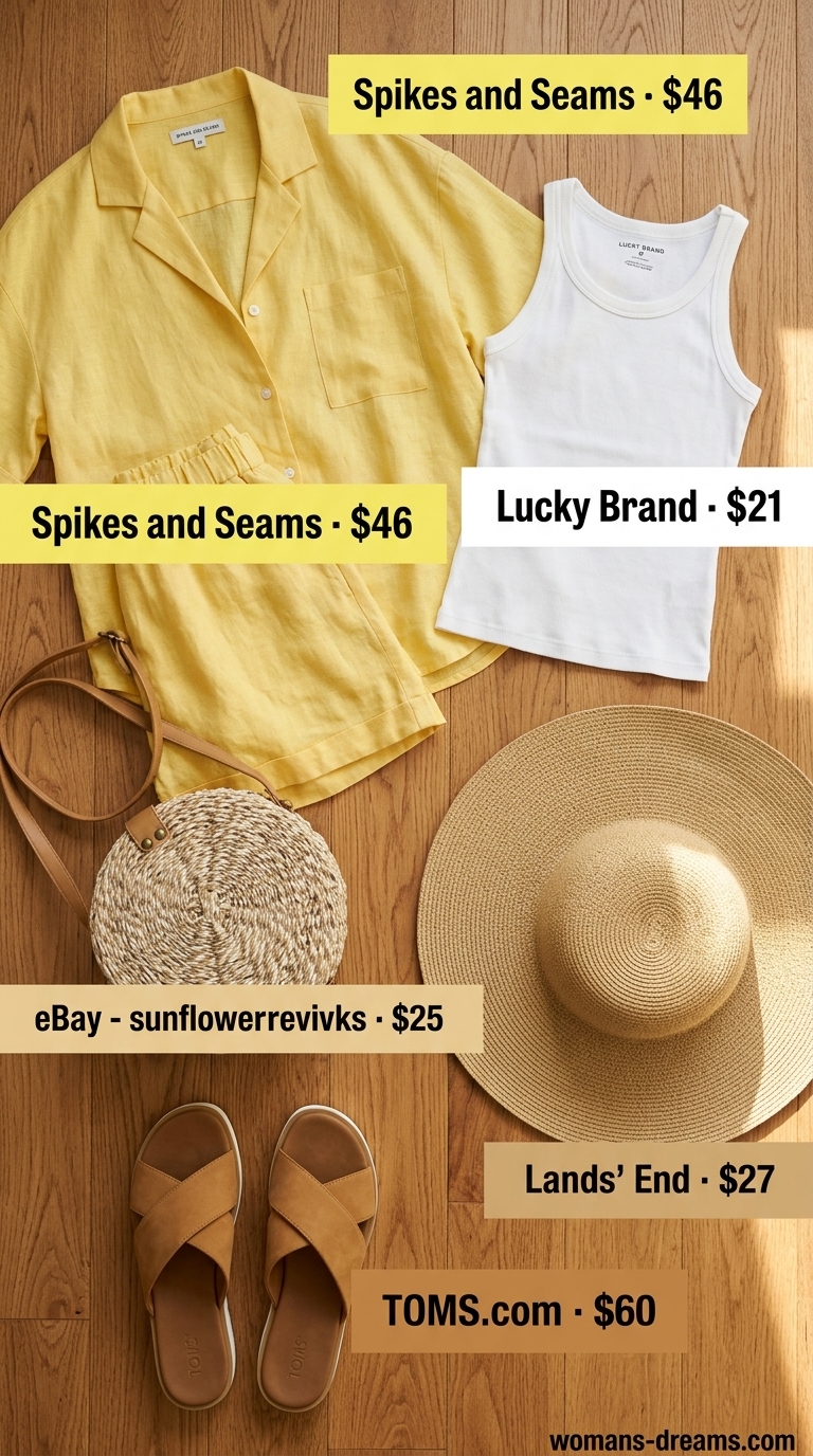 Elegant European summer outfit: Lemon yellow linen set, white tank, tan sandals, and straw bag for a vineyard tour.