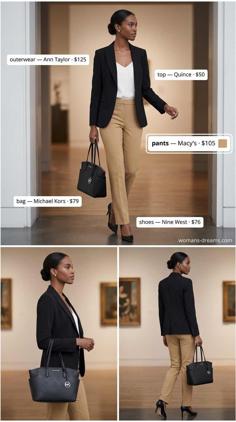 Elegant European summer outfits for women 2026: Camel trousers, black blazer, white silk camisole for a Parisian gallery opening.