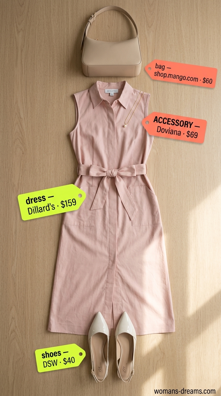 Elegant European summer outfit: Dusty Rose midi dress, beige slingbacks, and gold pearl necklace for a romantic lakeside getaway.