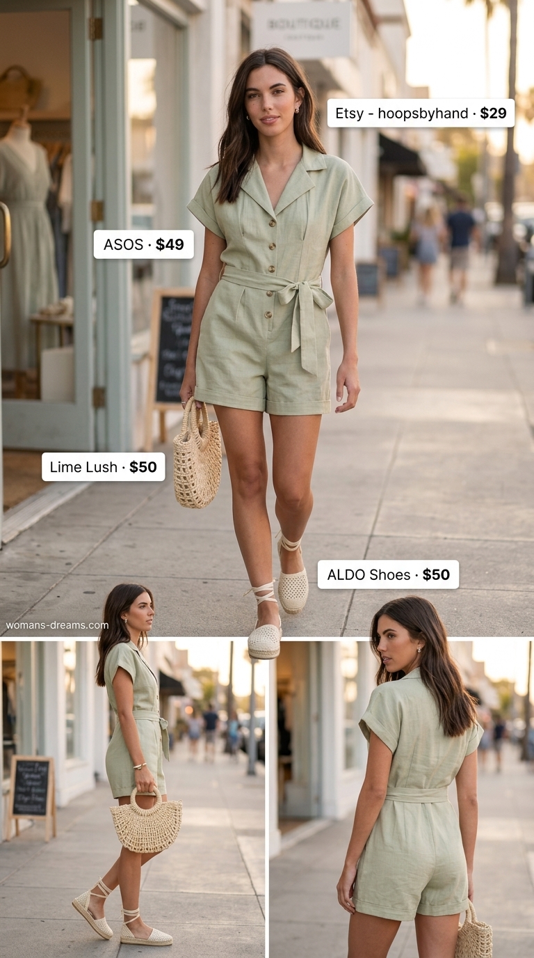 Elegant European summer outfit: Sage green linen romper, cream espadrilles, and gold hoops for Amalfi Coast brunch.