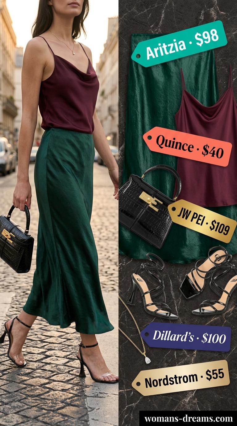 Maxi skirt outfits summer 2026: Emerald satin skirt, black cami, gold heels for evening glam.