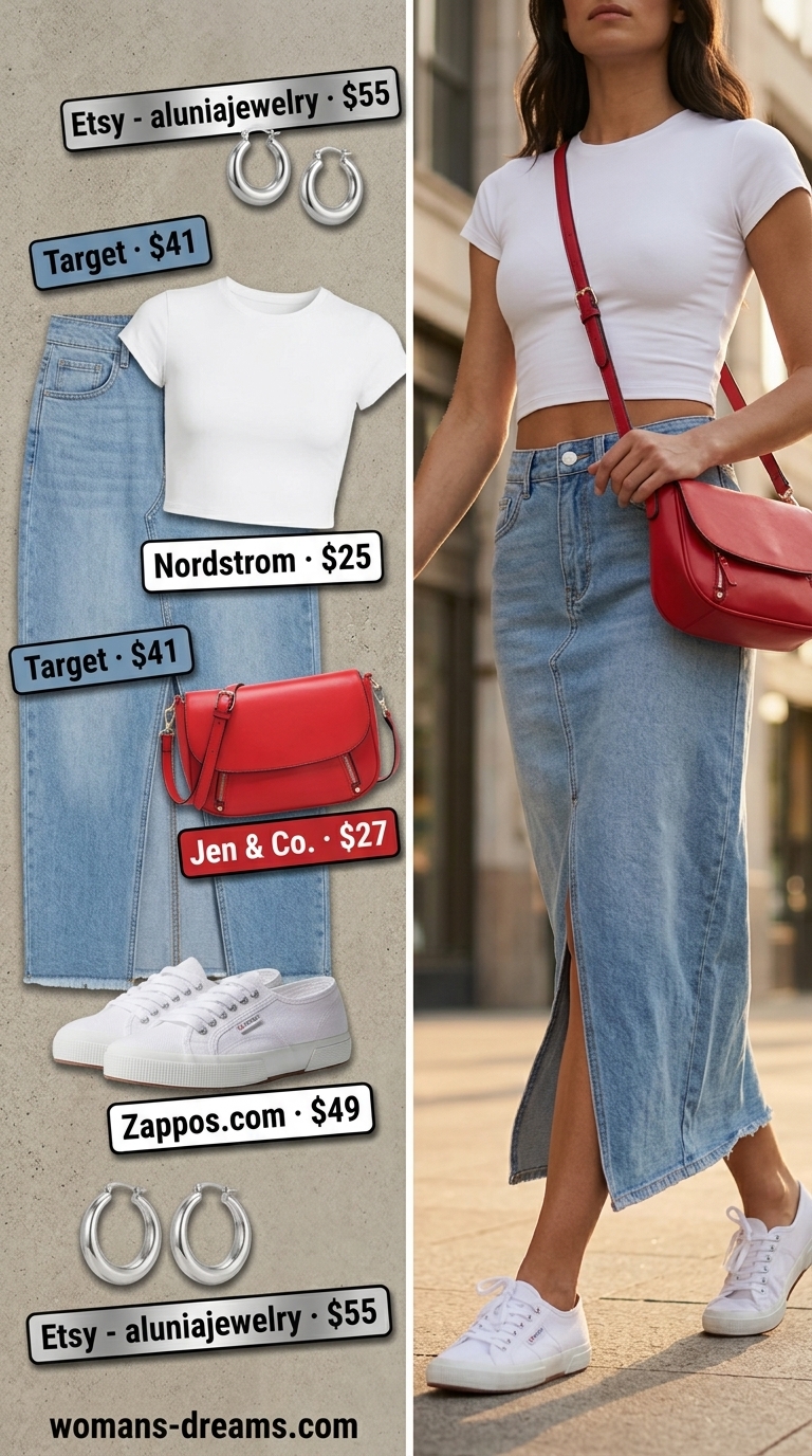 Maxi skirt outfits summer 2026: Denim maxi skirt, white crop top, red crossbody for urban edge.