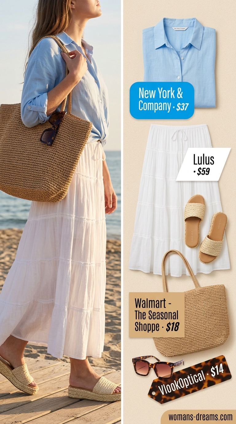 Maxi skirt outfits summer 2026: White tiered maxi skirt, blue shirt, raffia sandals for coastal vibes.