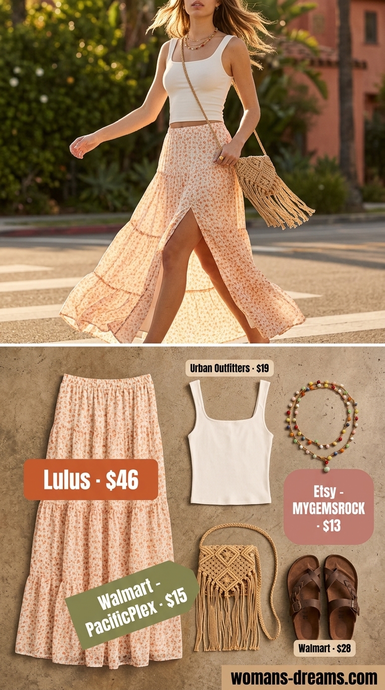 Maxi skirt outfits summer 2026: Terracotta floral skirt, cream tank, beaded necklaces for boho.