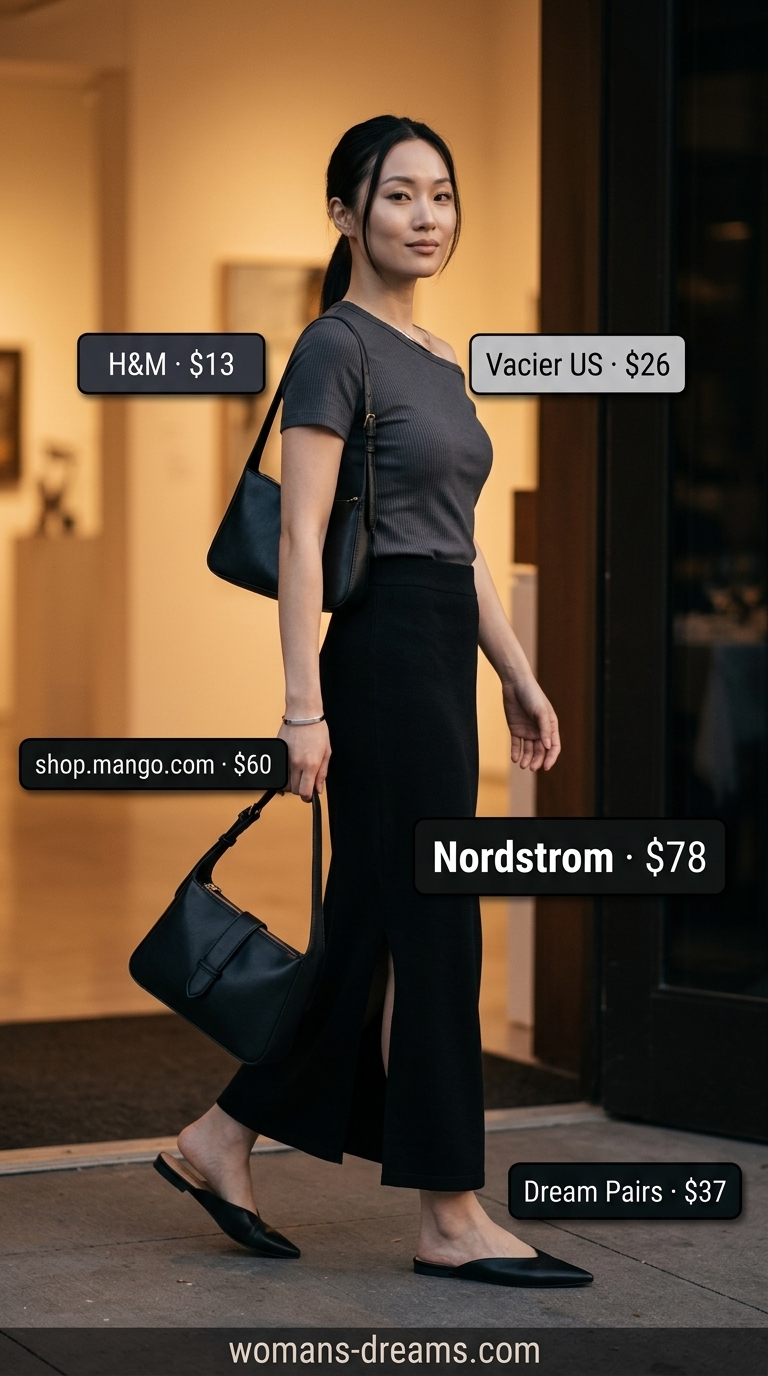 Maxi skirt outfits summer 2026: Black fitted skirt, charcoal tee, black flats for monochrome.