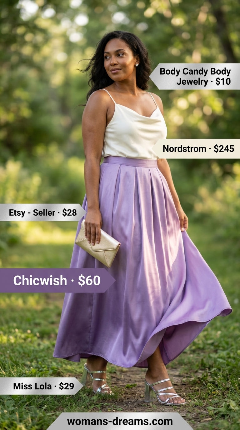 Lavender chiffon maxi skirt outfit for summer 2026 garden party, with white satin camisole and silver sandals.