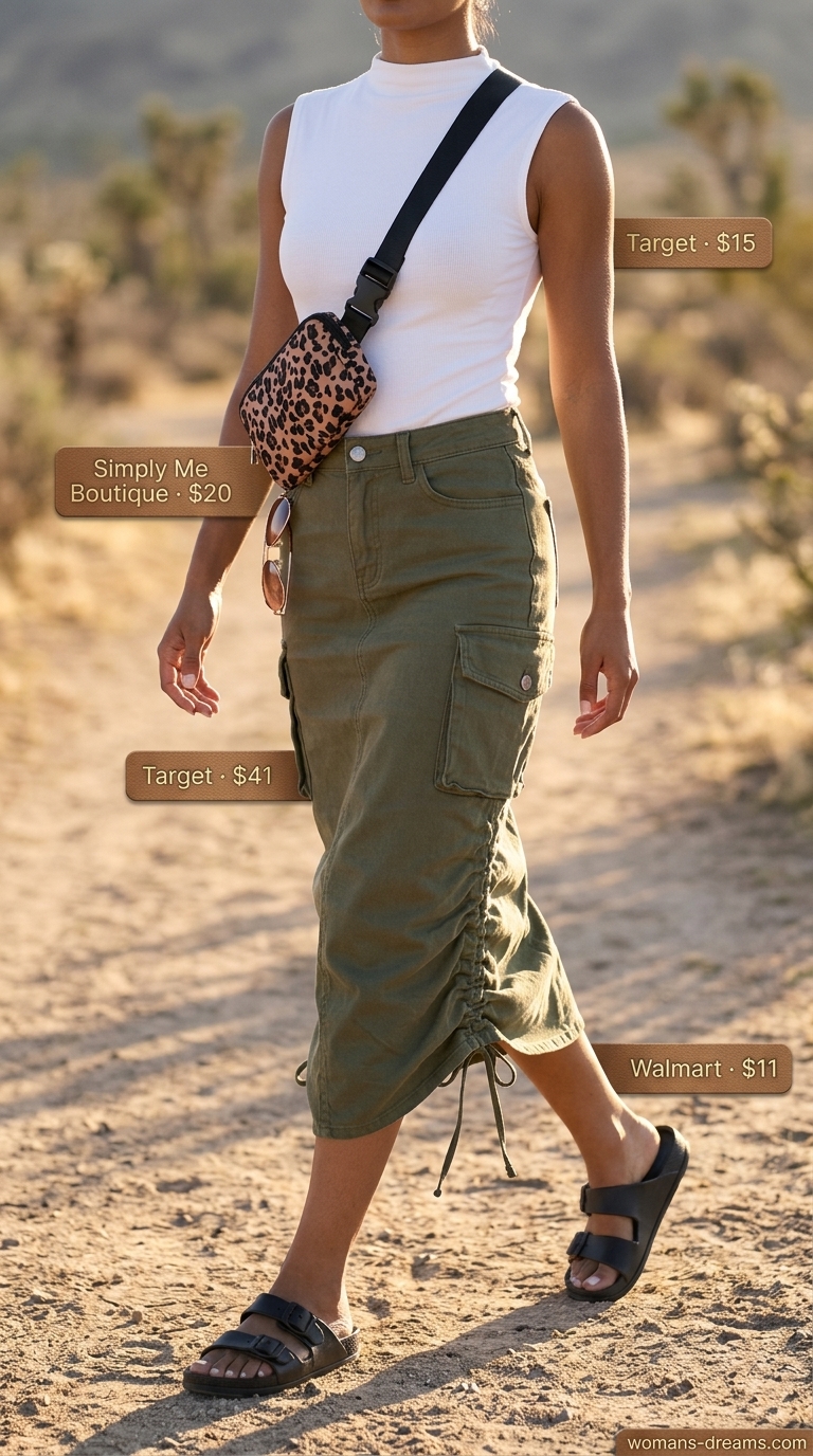 Safari Siren outfit with khaki cargo maxi skirt, tan ribbed top, leopard belt bag for summer 2026 day trips.