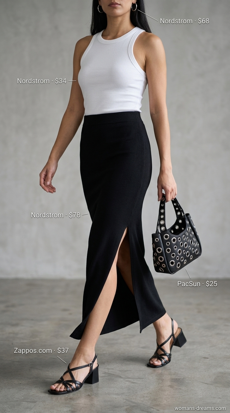 Maxi skirt outfits summer 2026: Black slit skirt, white tank, block heels for sleek city look.