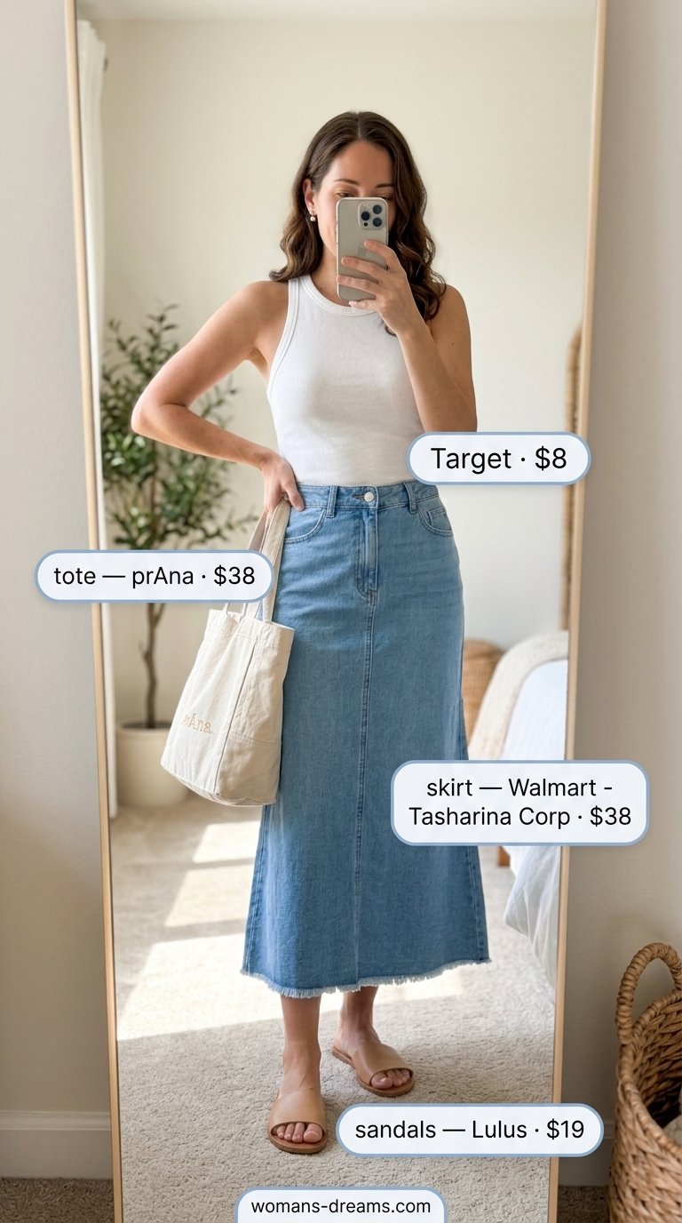 Light wash denim maxi skirt outfit for summer 2026 casual outing, with white tank and canvas tote.