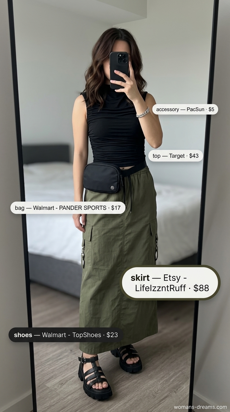 Urban explorer outfit with olive cargo maxi skirt, black mock neck top, and platform sandals for 2026.