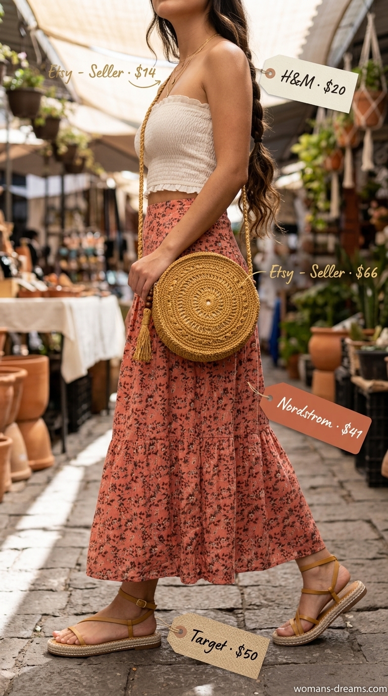 Coral floral print maxi skirt outfit for summer 2026 bohemian style, with cream tube top and espadrilles.