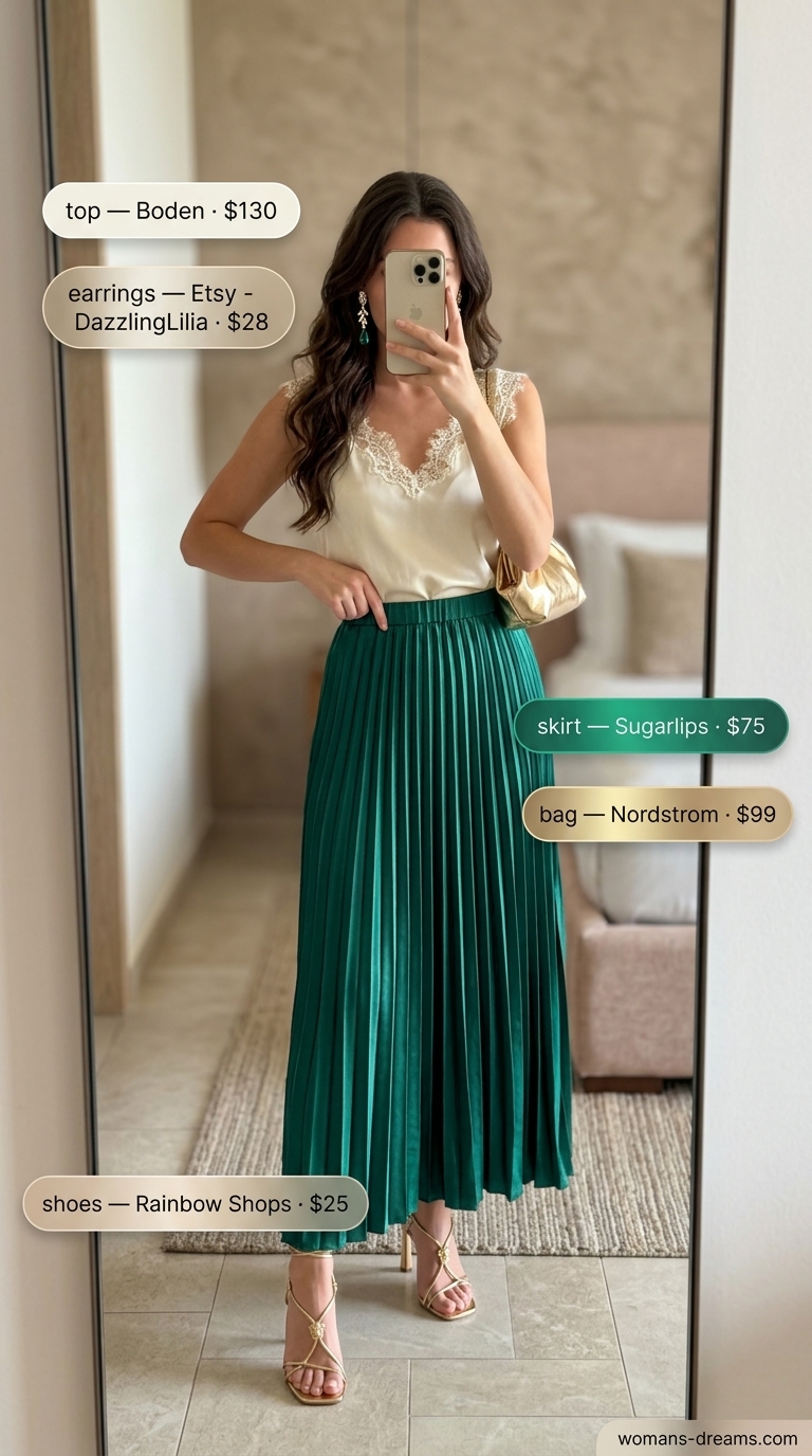 Emerald green satin maxi skirt outfit for summer 2026 resort dinner, paired with ivory camisole and gold accessories.