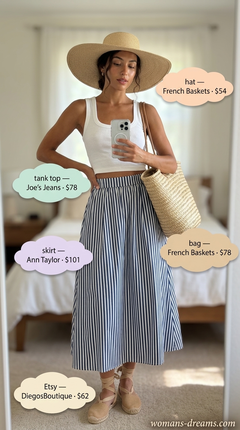 Seaside outfit with navy stripe maxi skirt, white tank, straw hat, and tote for 2026.