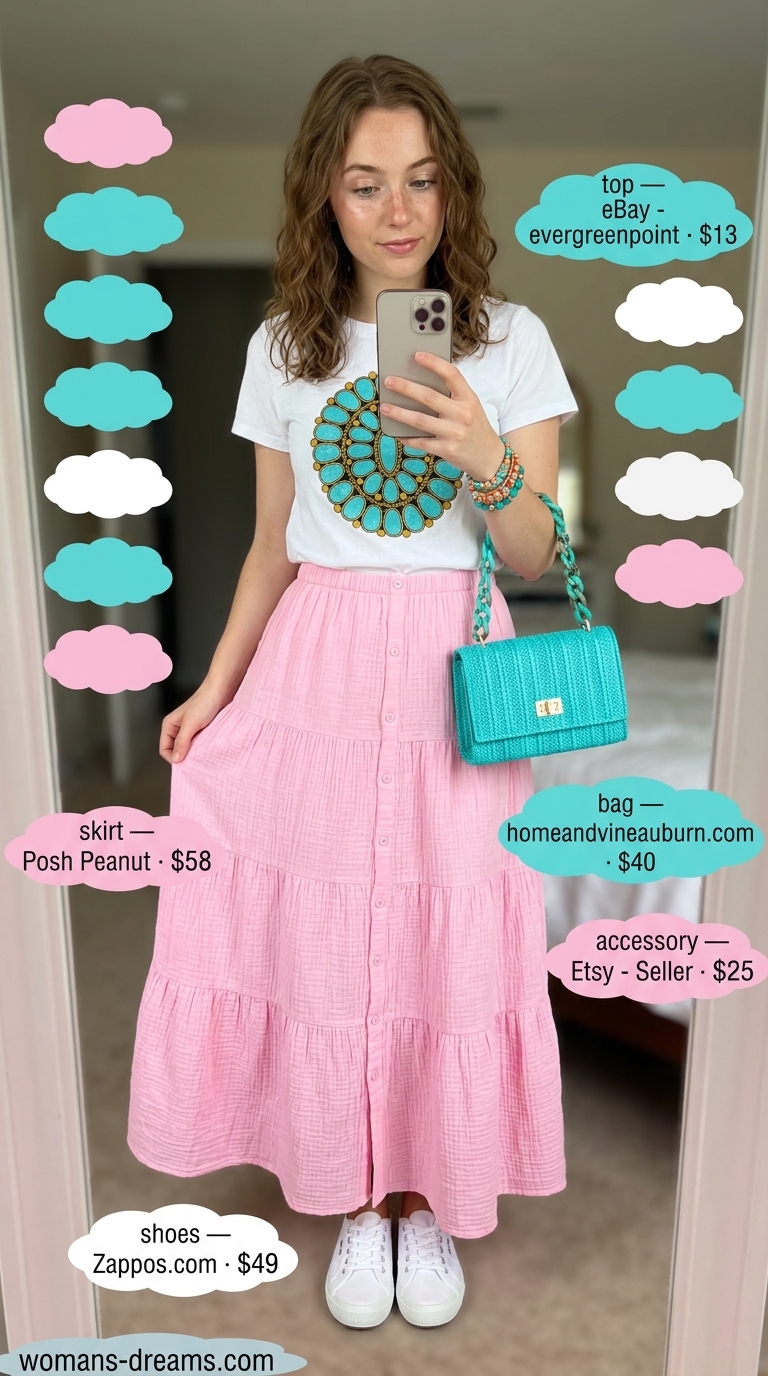 Playful pink maxi skirt outfit with graphic tee, white sneakers, and turquoise bag for 2026.